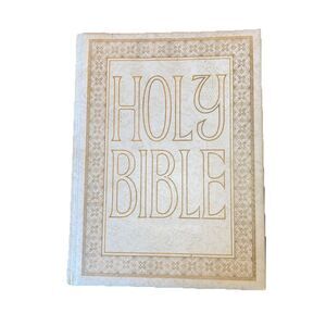 Vintage 1963 Large Holy Bible Catholic Cream Faux Leather Large Print Art